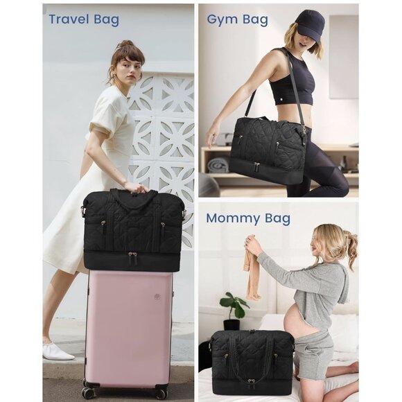 LOVEVOOK Travel Duffle Bag Quilted Weekender for Women with Shoe Compartment Bla - Picture 6 of 9